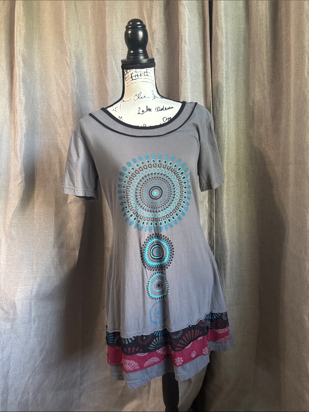 100% cotton made in Nepal - Large   Gray Tunic Dress with Teal Mandala Print